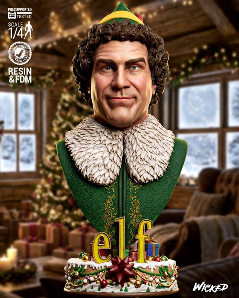 Bust of Buddy the Elf from the movie Elf, wearing a green suit and hat, with a festive base. 1:4 scale, pre-supported...