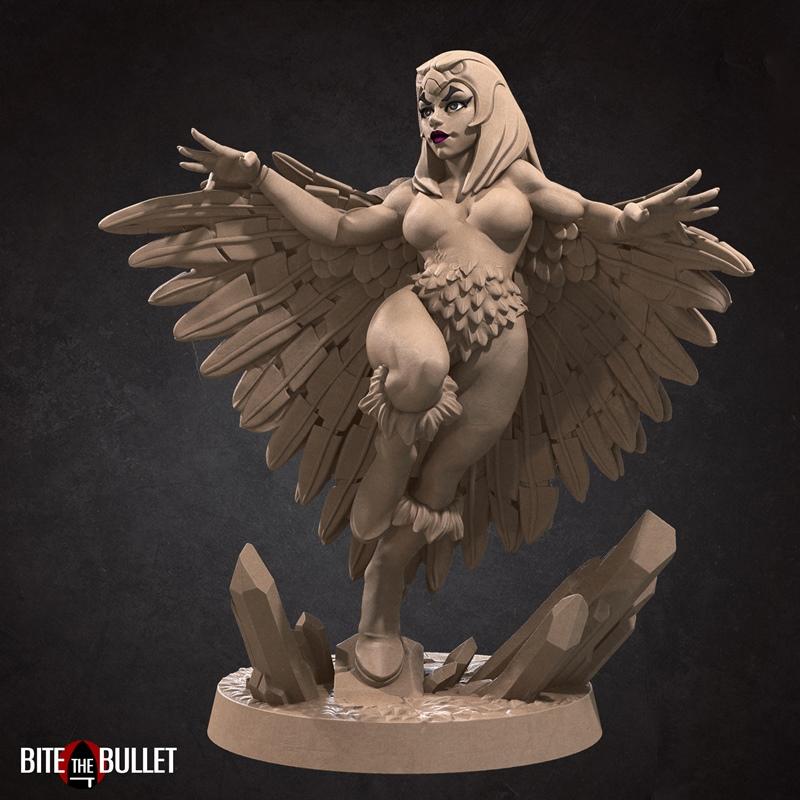 Bite the Bullet studio's Marina, the Sorceress 3D model figure with large feathered wings spread, wearing minimal fea...