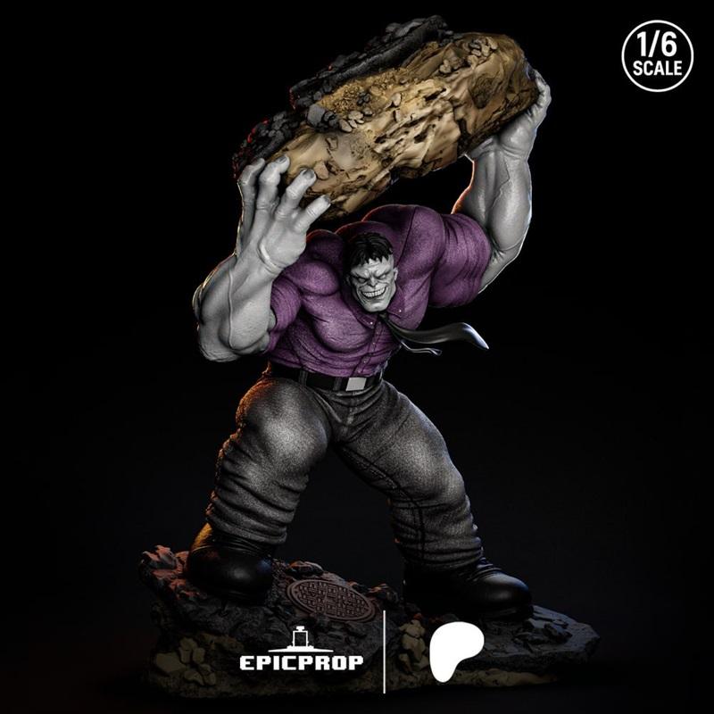 1/6 scale 3D model of the Hulk, wearing a purple shirt and tie, lifting a large rock. Muscular figure with grey skin...