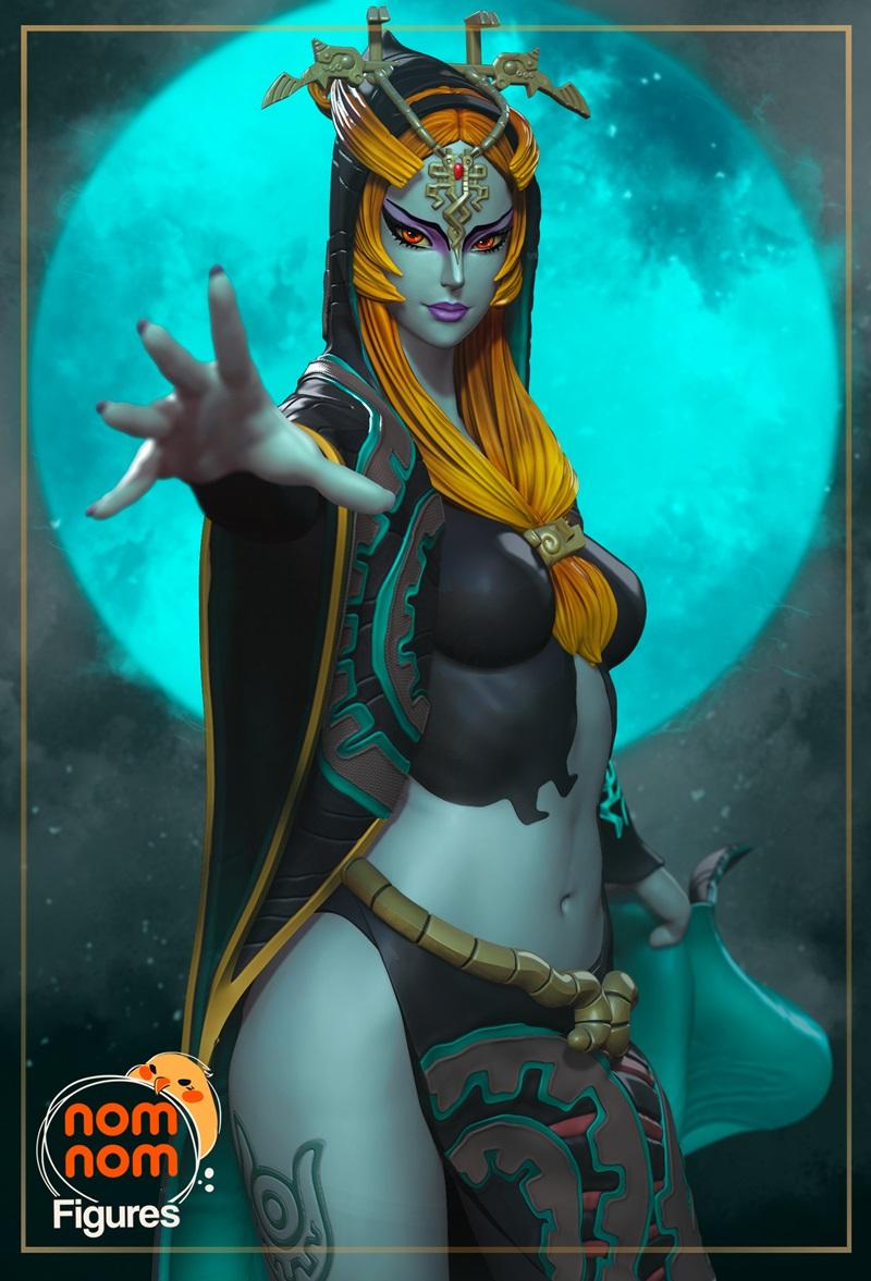 3D model figure of Midna from The Legend of Zelda, wearing a dark hooded cloak and revealing outfit, with orange eyes...