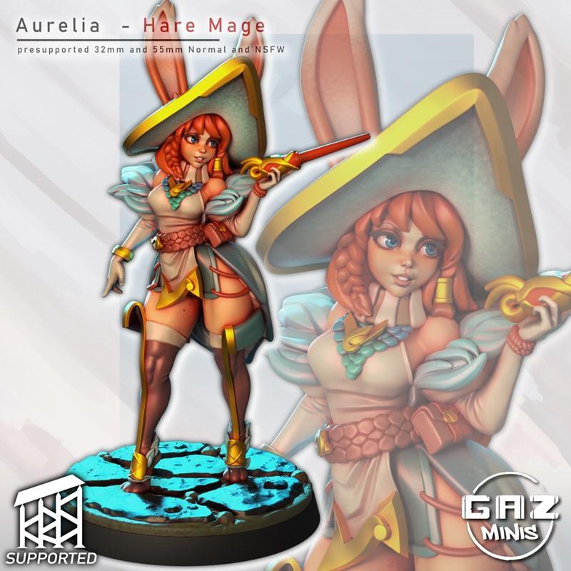 A 3D printable figure of Aurelia Hare Mage by Gaz Minis, featuring bunny ears, a witch hat, and a magical staff, pose...