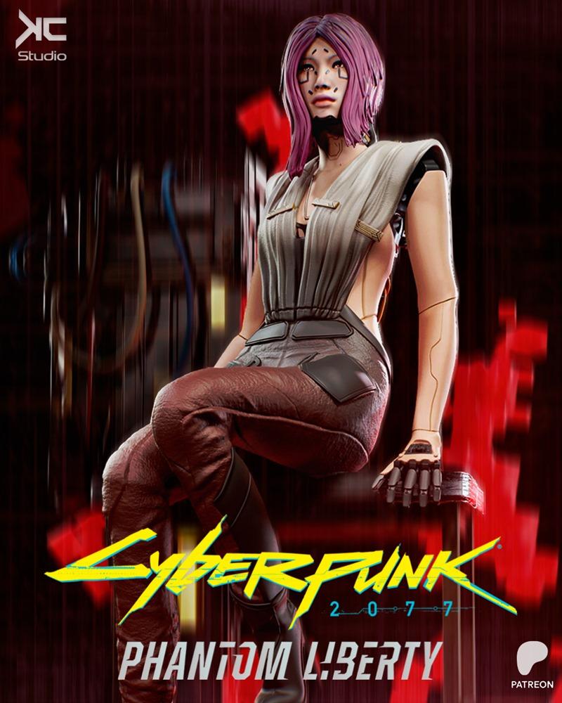 3D model of Songbird from Cyberpunk 2077, seated with purple hair, wearing a futuristic outfit with cybernetic arm an...
