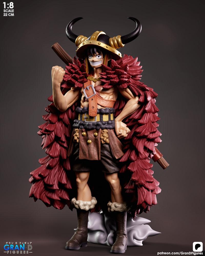 1:8 scale 3D print figure of One Piece's Luffy in Elbaf attire, wearing a horned helmet and red feathered cloak.