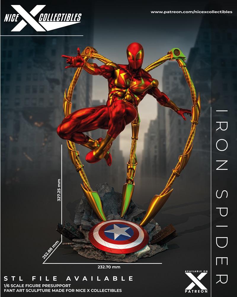 1/6 scale Iron Spider 3D model in a dynamic leaping pose with mechanical spider-legs extended, standing on a base wit...