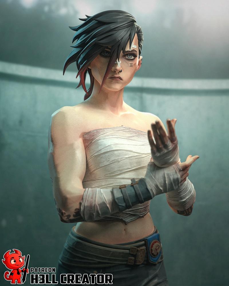 3D model of Vi from Arcane, a female fighter with dark hair, bandages on her arms and chest, and a determined express...