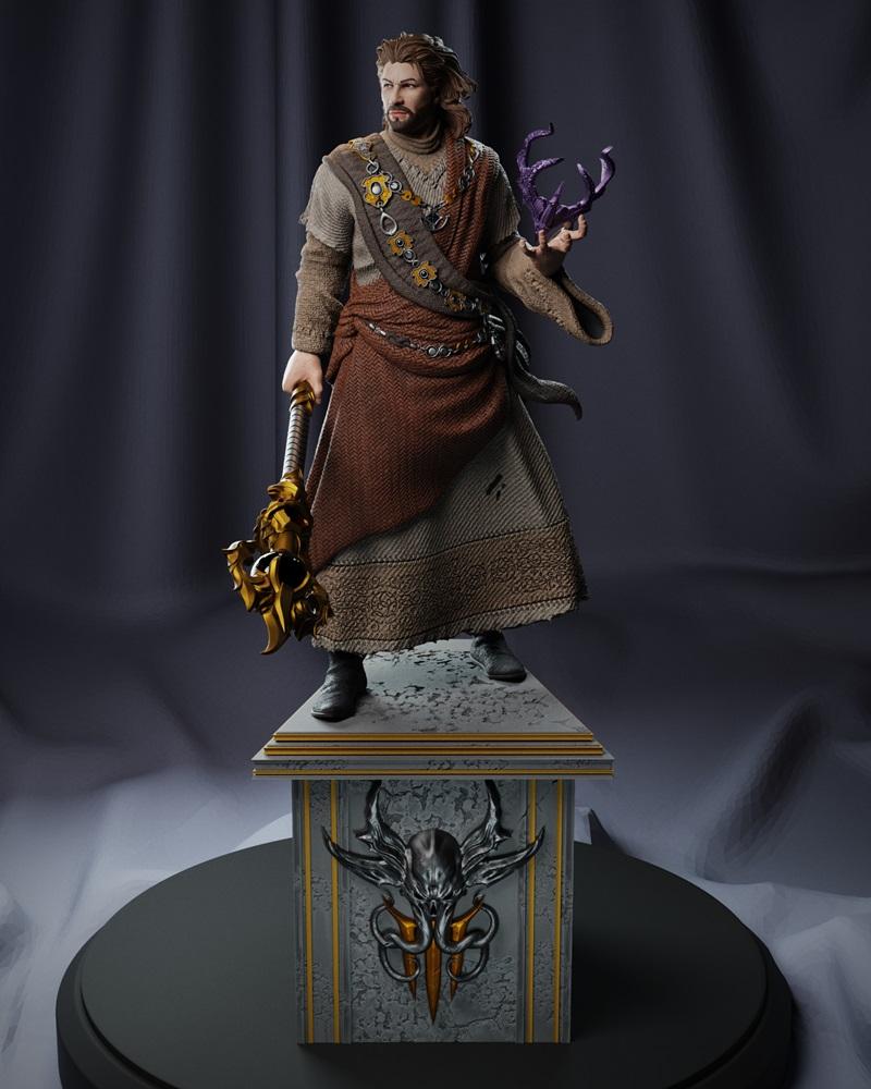 3D printable figure of Gale from Baldurs Gate 3, holding a golden staff and purple magic, standing on a pedestal with...