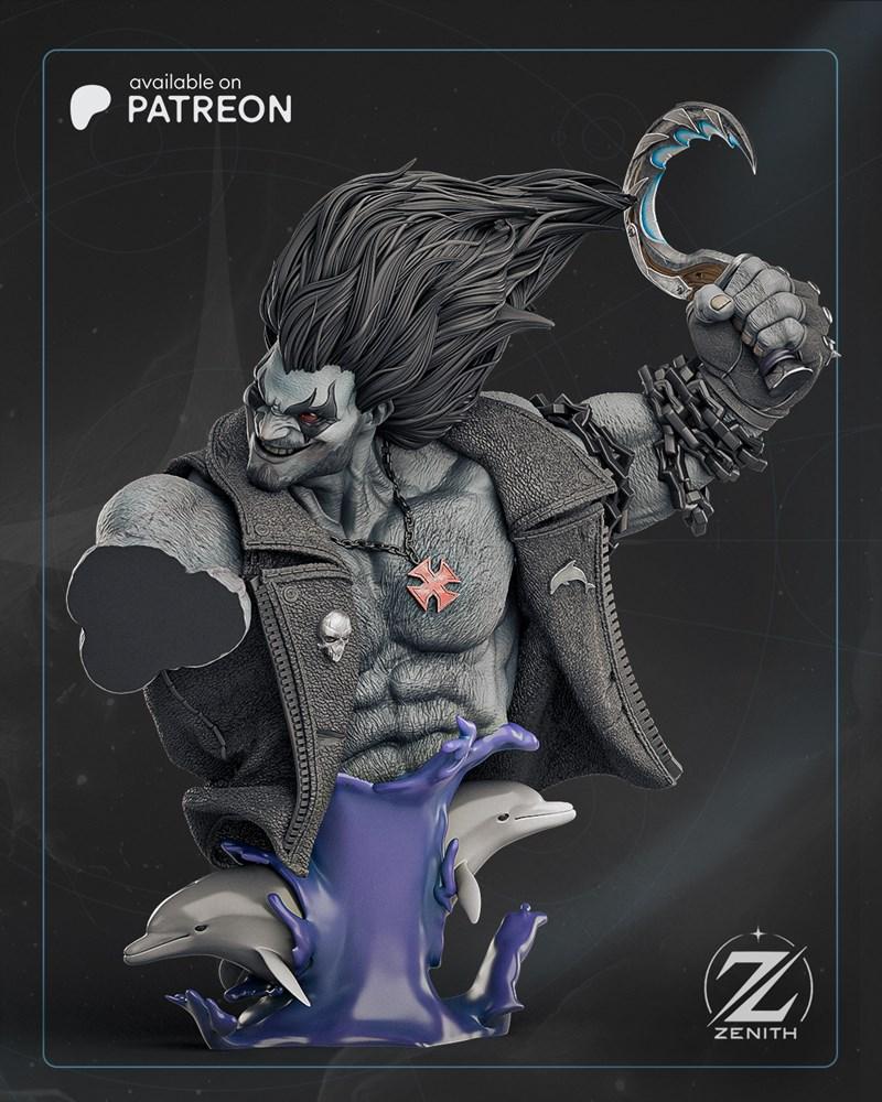 Zenith Studios 3D printable bust of Lobo, a muscular anti-hero with wild hair, chains, and a hook weapon, wearing a l...
