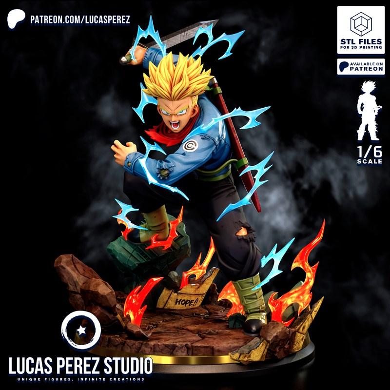 1/6 scale 3D model of Trunks from Dragon Ball, wielding a sword with blue energy effects, in a dynamic action pose on...