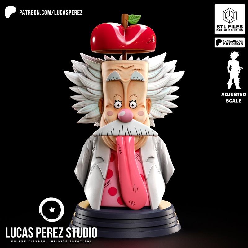 3D printable bust of Vegapunk from One Piece, featuring a long pink tongue, white lab coat, and a red apple on his he...