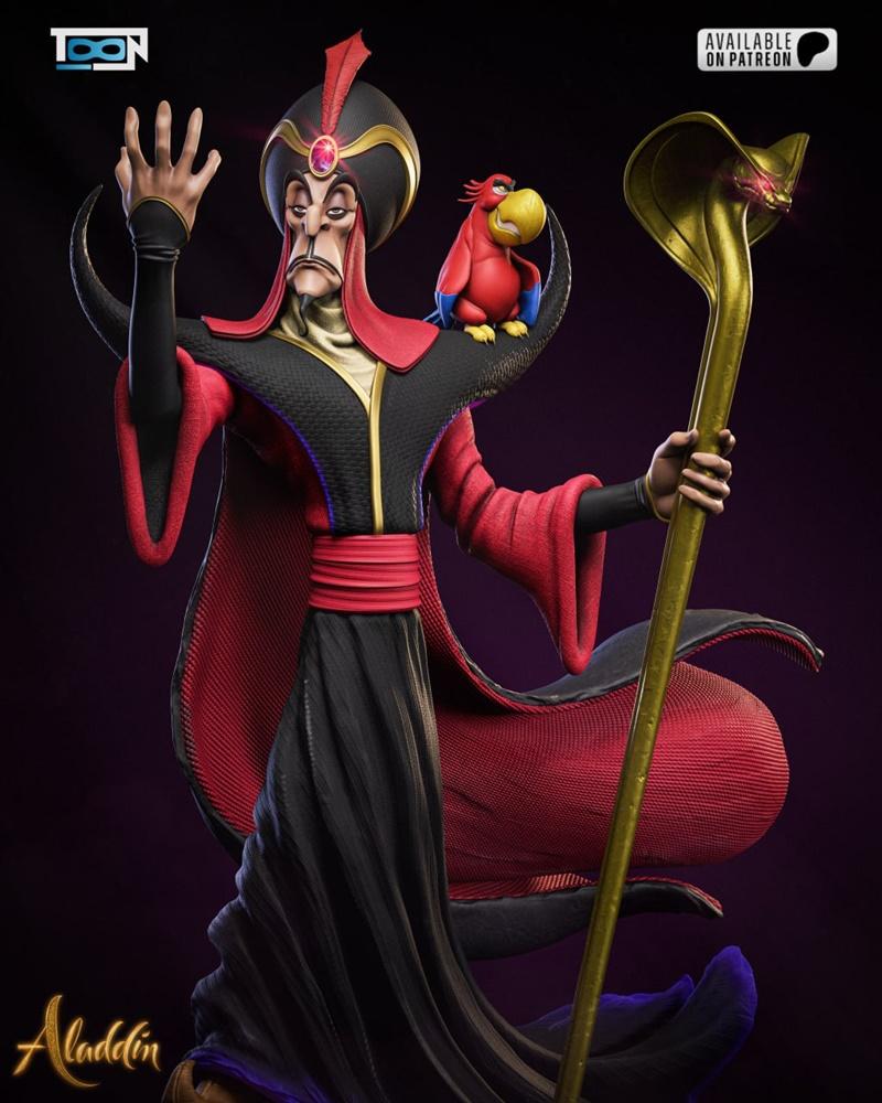 Jafar figure with parrot Iago on shoulder, holding a cobra staff. Jafar wears a red and black robe with a feathered t...