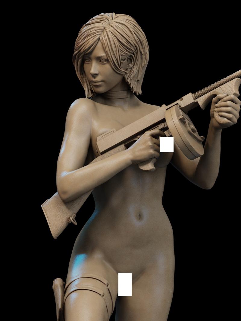 Nude Ada Wong character model holding a Thompson submachine gun, with a thigh holster. Detailed sculpt by CA 3D Studios.