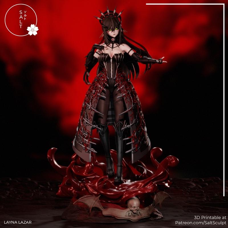 Layna Lazar VTUBER 3D model figure by SaltSculpt, wearing a gothic black and red dress with thorny accents and a crow...