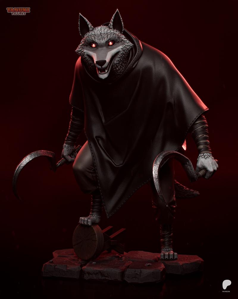 Death, the wolf character from Puss in Boots, wearing a black cloak and holding two scythes. He has glowing red eyes...
