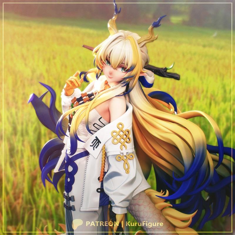 3D model of Shu, a dragon girl with blonde hair, blue accents, and golden horns, wearing ornate white and gold clothing.