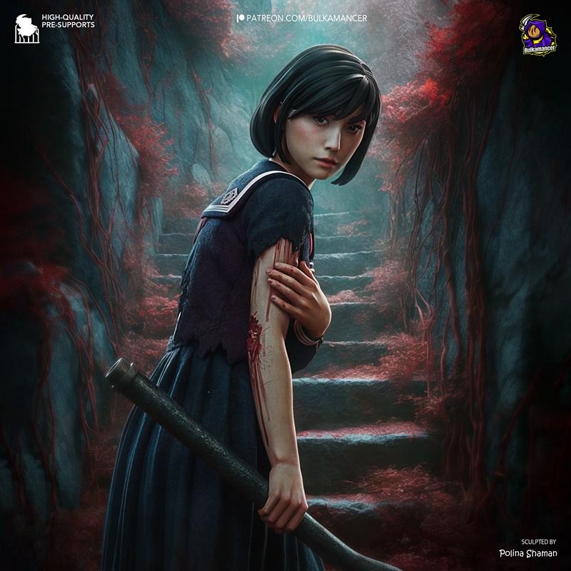 Hinako from Silent Hill in a torn school uniform, holding a weapon, with bloody arm, standing on a dark, overgrown st...