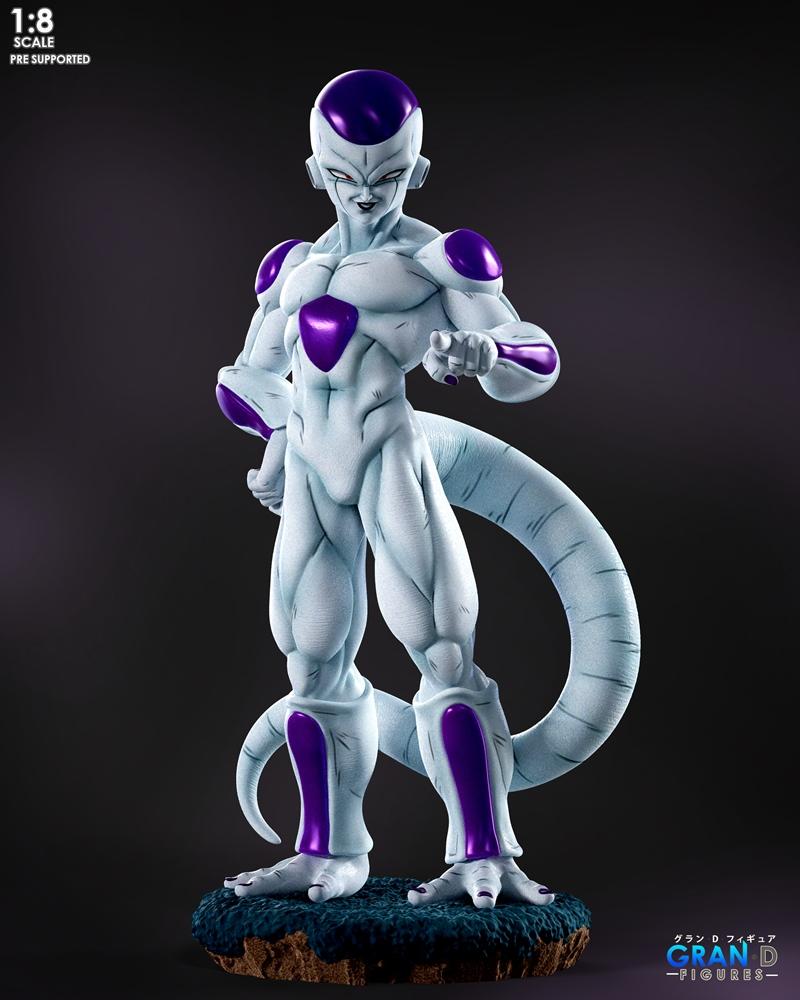 Frieza figure from Dragon Ball, standing in a confident pose on a rocky base. The figure is white with purple accents...