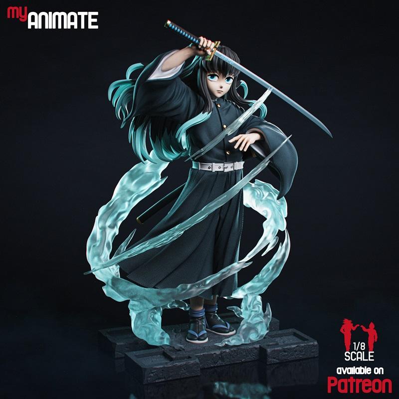 Tokito from Demon Slayer anime figure, 1:8 scale, holding a katana with swirling water effects, wearing a black unifo...