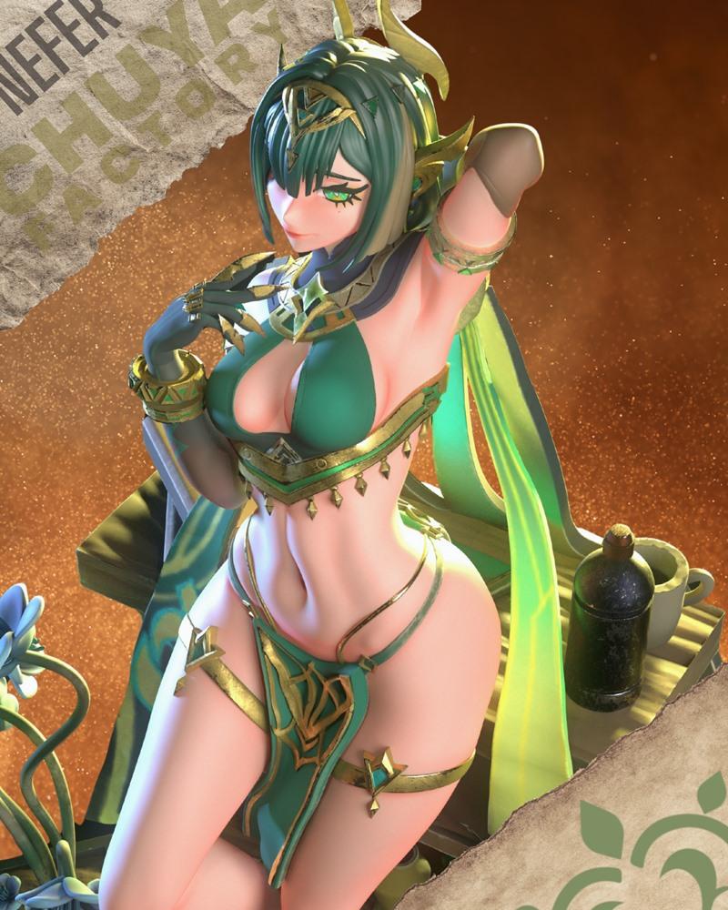 Anime-style 3D model of Nefer by Chuya Factory, wearing a revealing green and gold bikini with ornate armor, golden h...