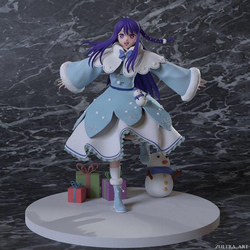 Ai Hoshino from Oshi no Ko in a Christmas outfit, holding a snowman, with gift boxes on a display base. Designed by Z...