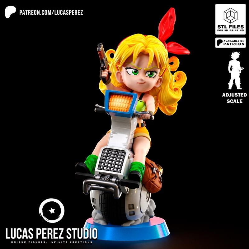 Chibi-style 3D model of Launch from Dragon Ball riding a scooter and holding a pistol. Blonde hair with red ribbon, g...