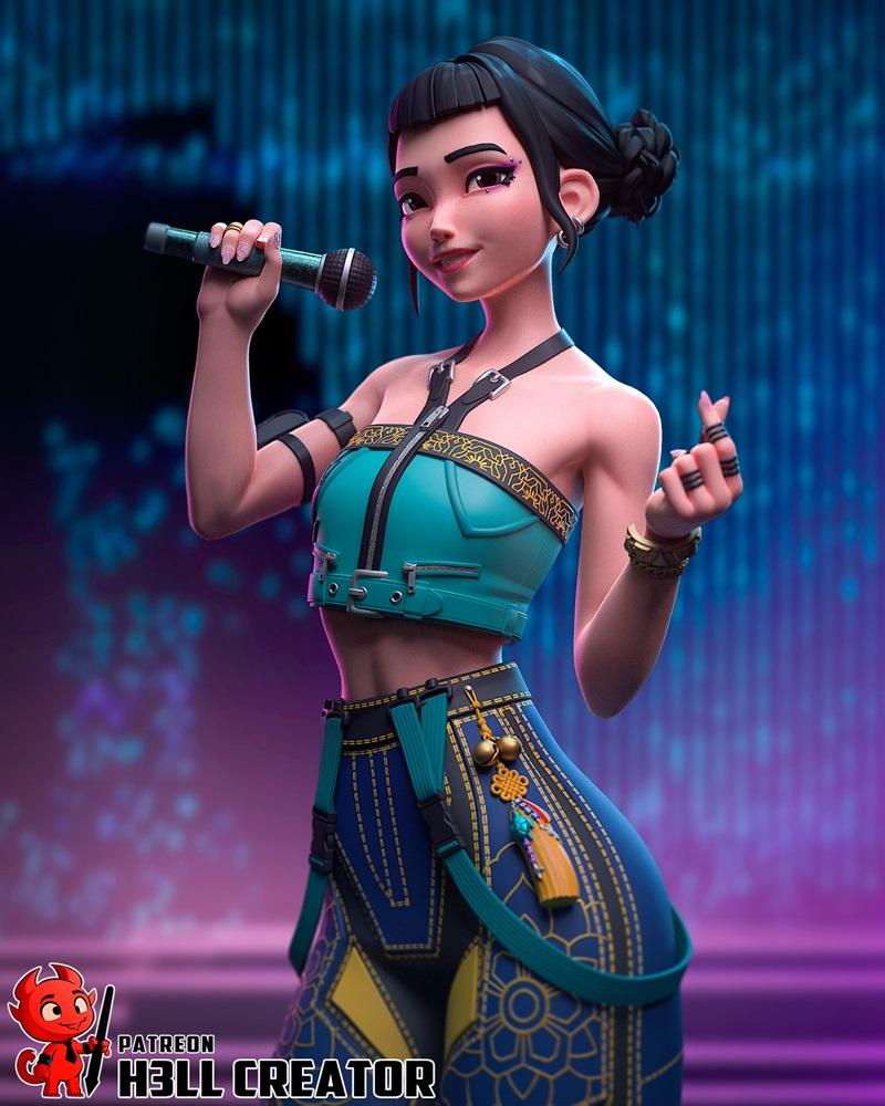 Stylized 3D model of Zoey, a K-pop singer, holding a microphone and performing on stage. She wears a teal crop top an...
