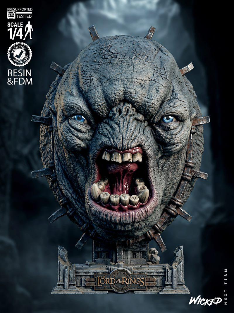 Close-up of a 3D printable troll bust from The Lord of the Rings, featuring a snarling face, blue eyes, and spiked he...