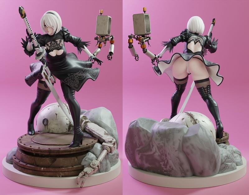 3D model of Nier Automata's 2B figure, front and back views. She wears a black dress, thigh-high boots, and wields a...