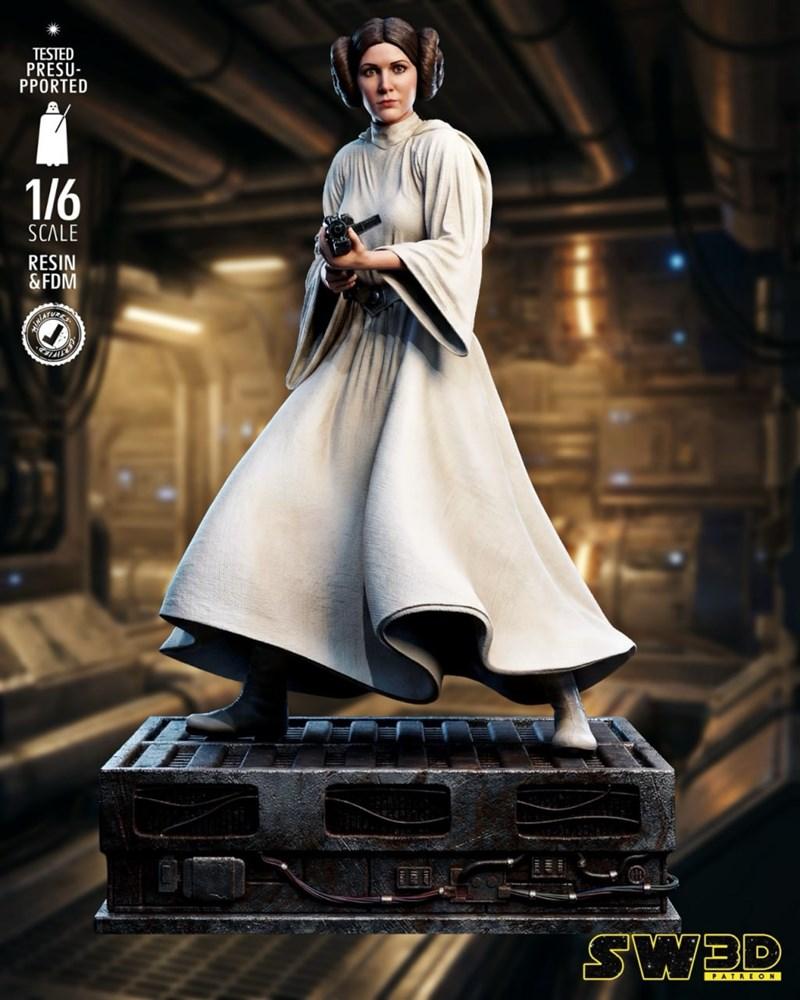 1/6 scale 3D printable figure of Leia Organa in white dress, holding a pistol, standing on a detailed industrial base...