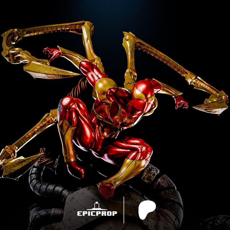 Iron Spider 3D model figure in red and gold armor with four mechanical spider legs extended, crouching on a textured...