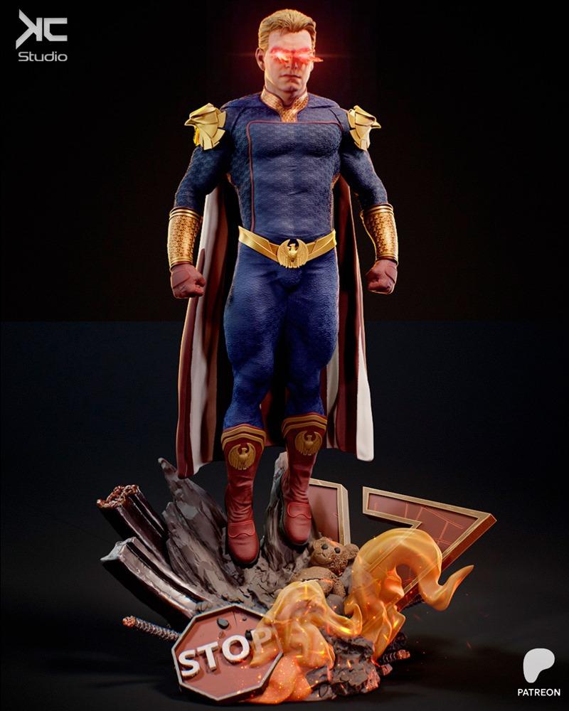 3D model of Homelander from The Boys, standing heroically with red laser eyes, wearing his blue and gold suit and red...
