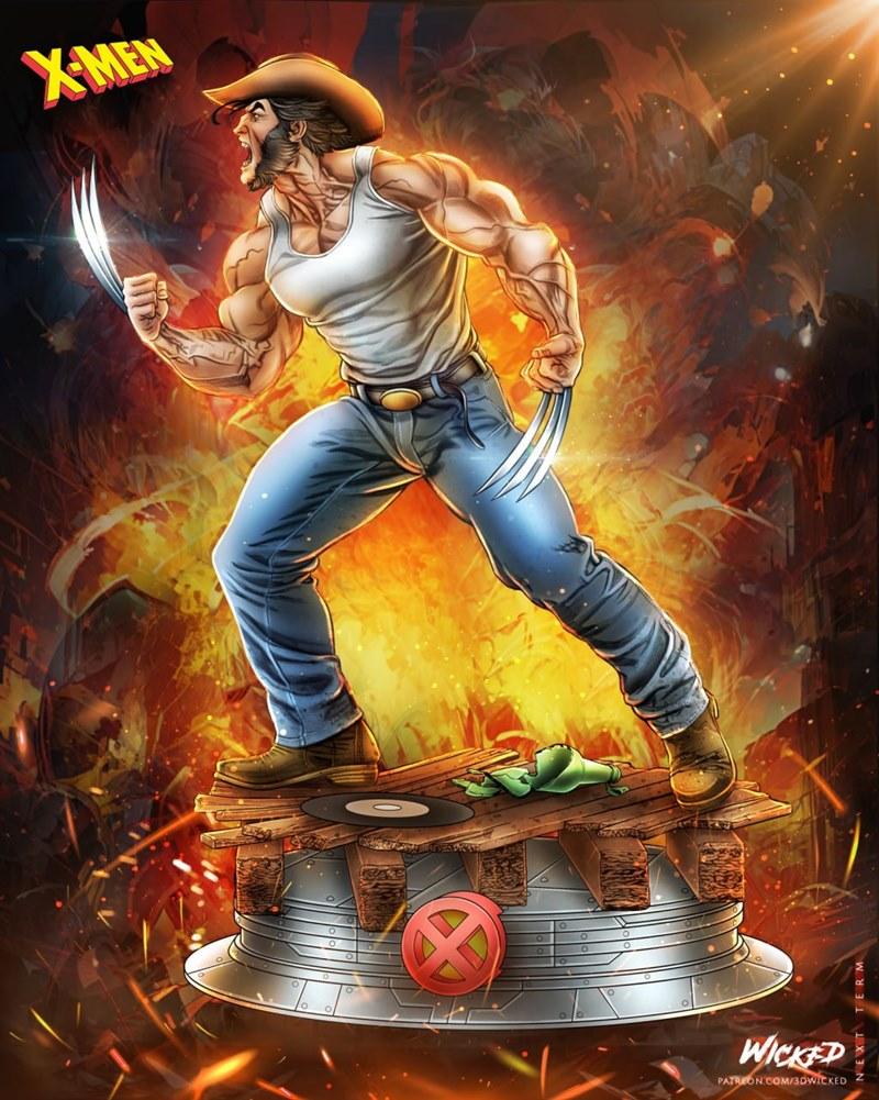 Wolverine in a cowboy hat and white tank top, brandishing adamantium claws, standing on a wooden platform with a red...