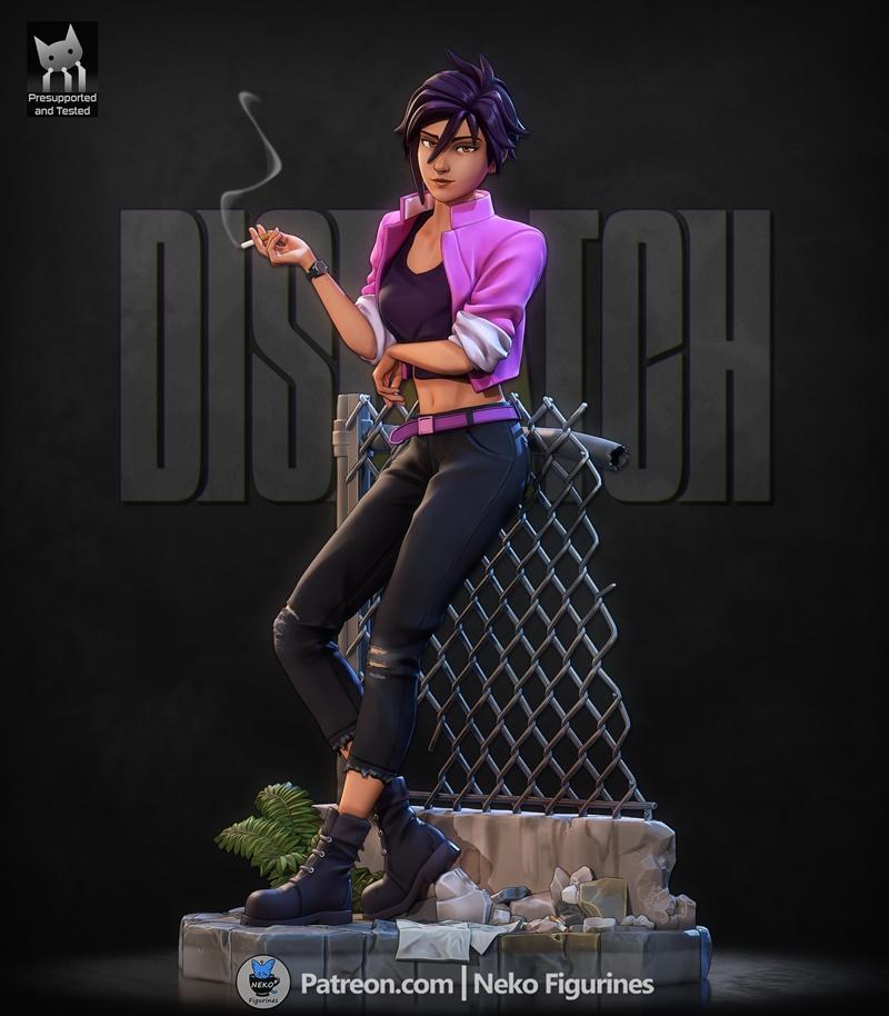 3D model of a woman in a pink jacket and ripped jeans, leaning on a chain-link fence and smoking.