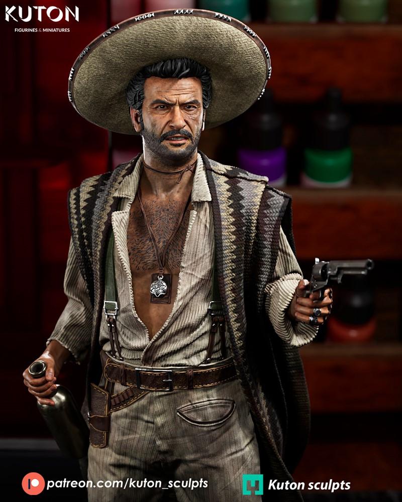 Tuco Ramirez 3D model figure wearing a sombrero, poncho, and suspenders, holding a revolver and a bottle. Detailed sc...