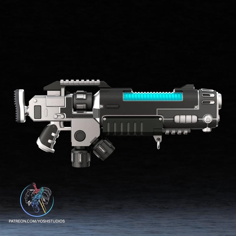 3D model of a futuristic Plasma Incinerator SM2 weapon, featuring a black and silver body with a glowing blue plasma...