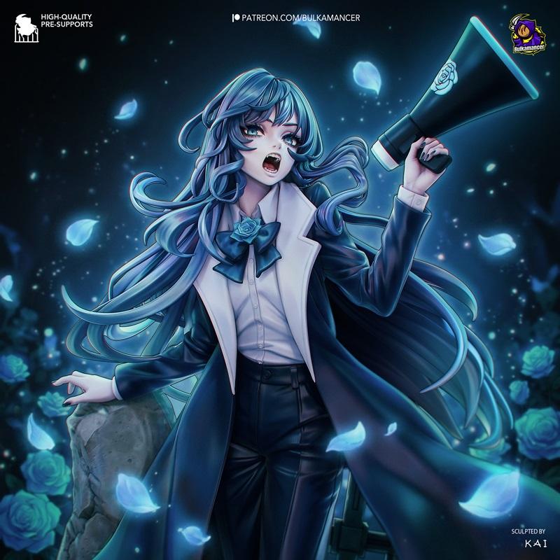 Chando 3D model figure with flowing blue hair, wearing a dark suit and holding a megaphone, surrounded by glowing blu...