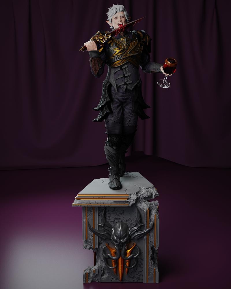 Astarion Ancunin from Baldur's Gate 3, a 3D figure by Castro 3D, stands on a stone pedestal with demonic carvings. He...