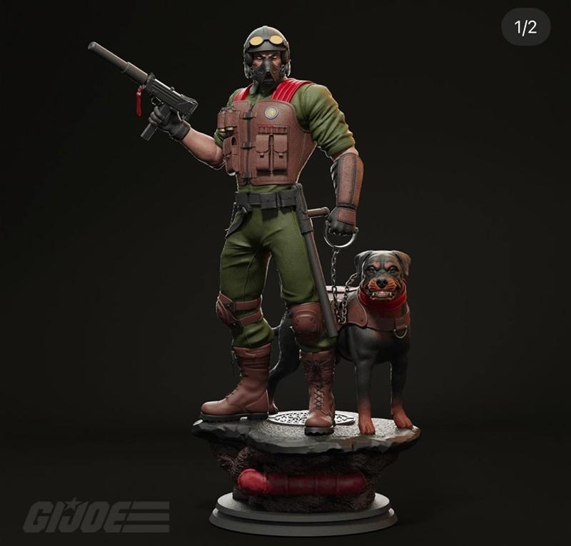 Mutt, a G.I. Joe character in tactical gear with a rifle, stands beside his Rottweiler, Junkyard, on a rocky base. Mi...
