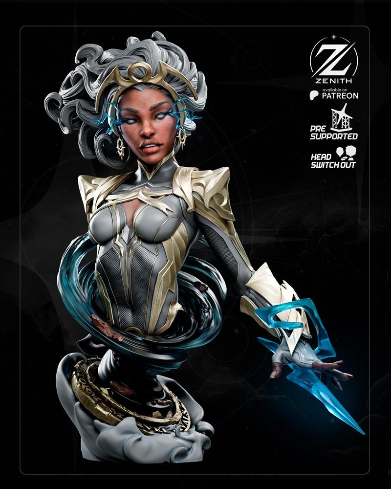 Zenith Studios Storm bust 3D model, featuring white curly hair, golden headdress, grey and gold armor, and swirling b...