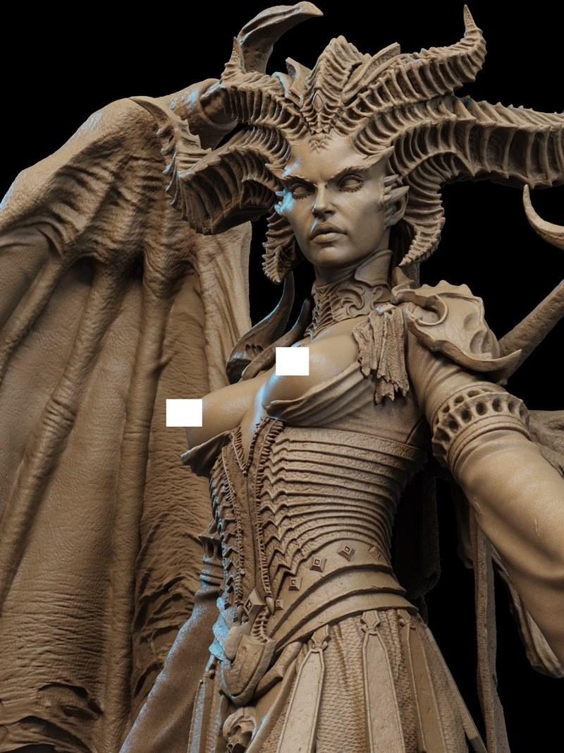 Detailed 3D model of Lilith from Diablo, featuring large, ornate horns, textured wings, and a revealing, armor-like c...