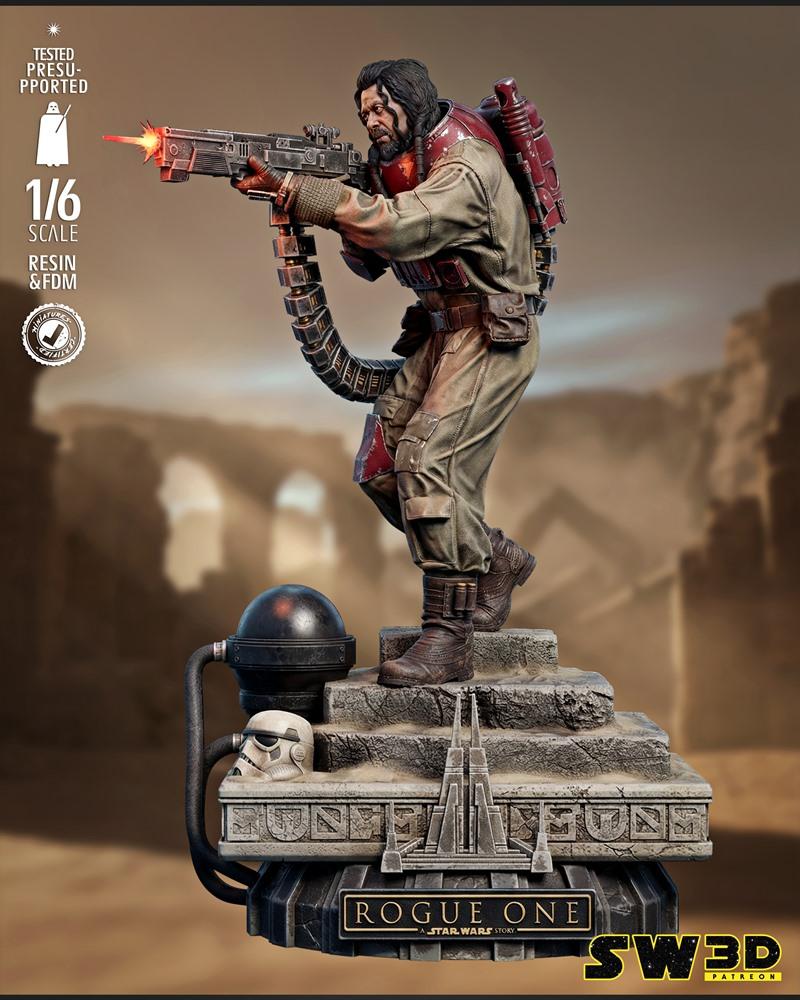Malbus character 3D model from Rogue One, posed with a heavy machine gun, on a detailed base with a stormtrooper helm...