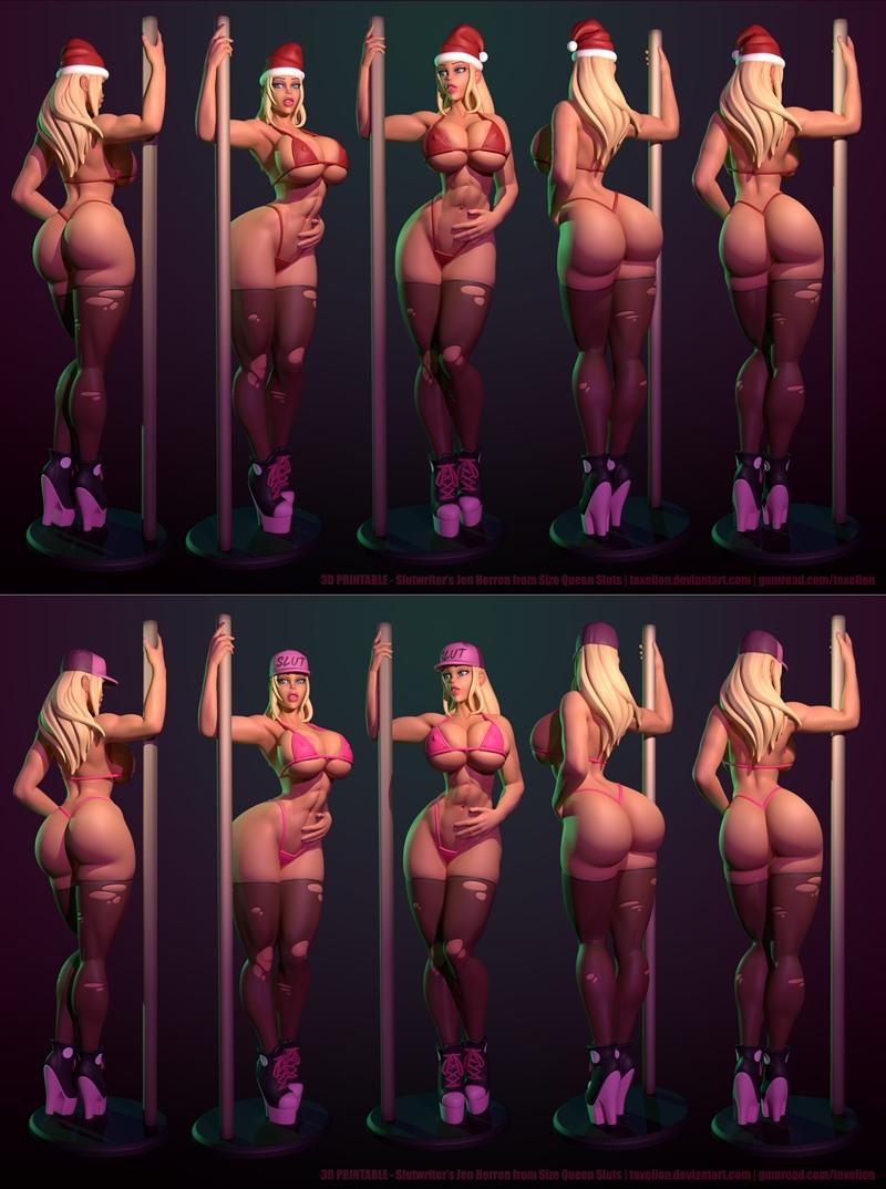 Three variants of a blonde female stripper character, "Stripper Jen," posed around a pole. Outfits include...