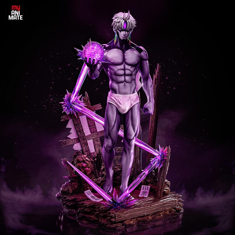 Muscular male Jiji Evil Eye from Dandadan anime, holding a glowing orb, surrounded by purple crystals and debris. By...