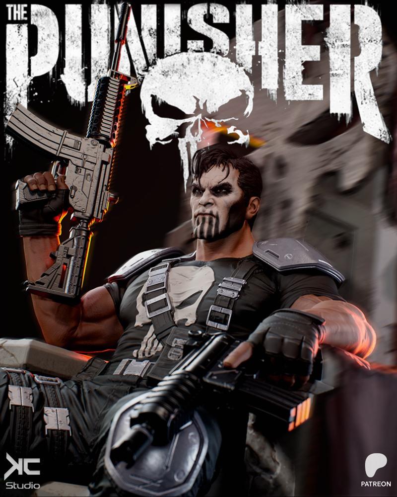 KC Studio 3D model of the Punisher, a muscular man with skull face paint, seated with two assault rifles, wearing tac...
