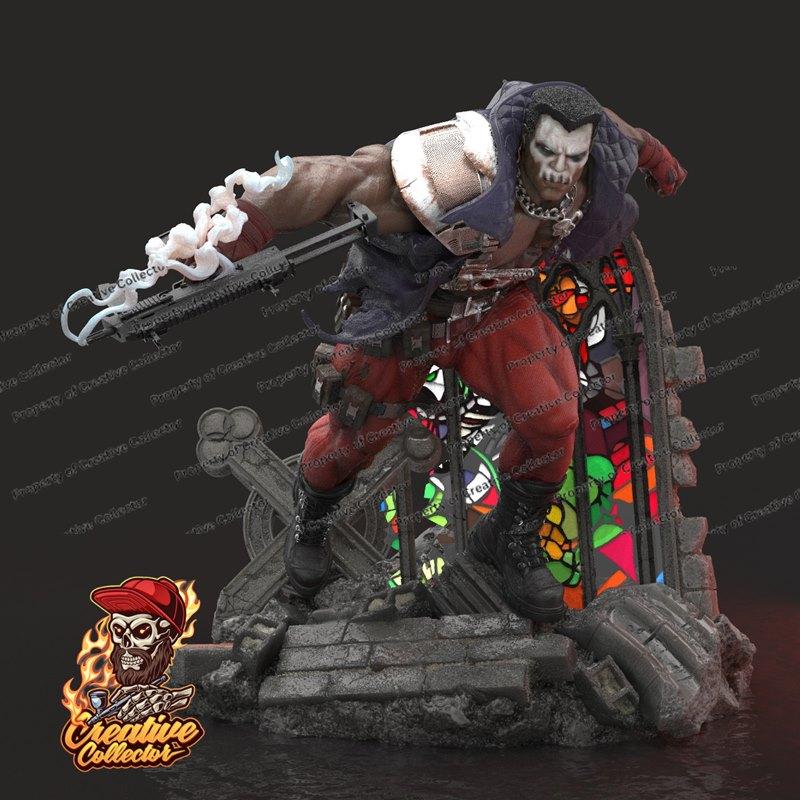 3D model figure of Chapel from DC Comics, in a dynamic pose with a weapon, standing on a base with gothic architectur...