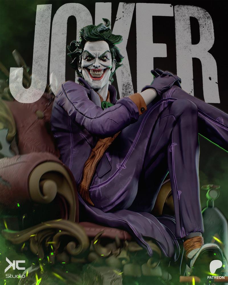 KC Studio 3D model of the Joker, a male character with green hair, white face paint, and a wide, toothy grin, wearing...
