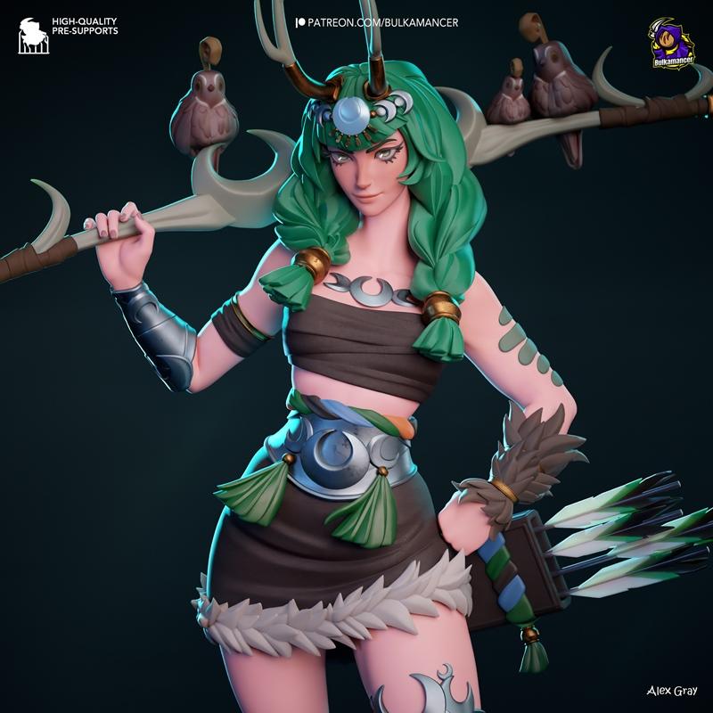 3D model of Artemis from Hades, holding a staff and a quiver of arrows. She has green hair, antlers, and wears tribal...