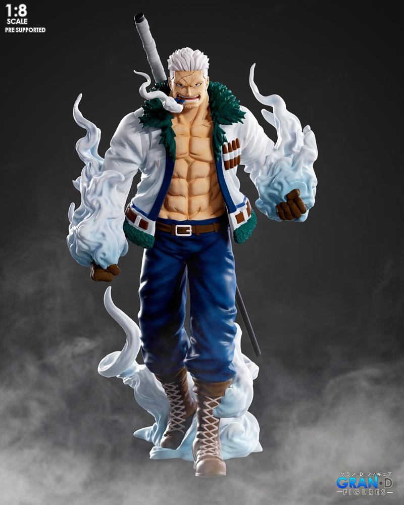 1:8 scale 3D model of Smoker from One Piece, standing with a cigarillo, white coat open to reveal muscular abs, blue...