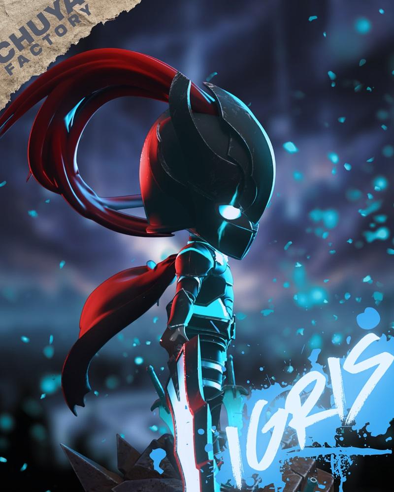 Chibi Igris from Solo Leveling in dark armor with a red cape and glowing blue eyes, holding a sword, presented by Chu...