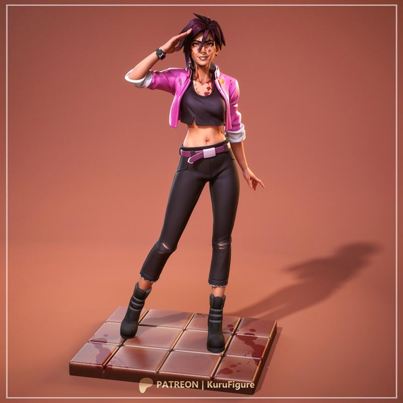 3D model of Invisigal from Dispatch, a woman in a pink jacket, black ripped jeans, and boots, saluting.