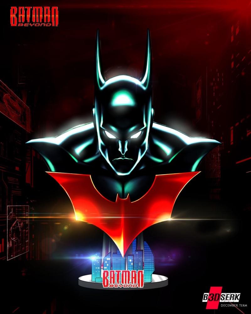 Batman Beyond bust portrait with glowing eyes and sharp ears, featuring the red and black logo on a cityscape base. M...